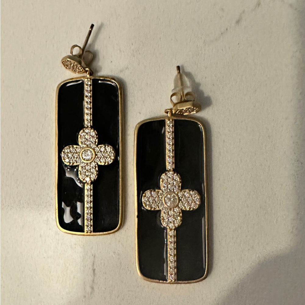 FR Black Enamel and Gold Rectangular Earrings
